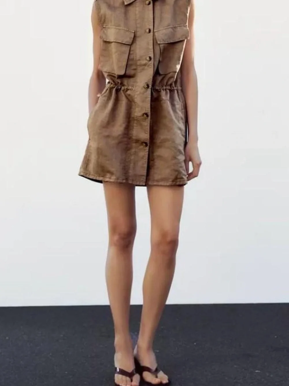Zara Tan Safari Cargo Buttoned Mini Dress. Waist Drawstring. - Picture 2 of 12